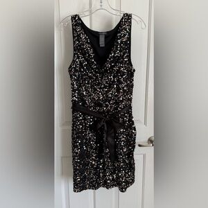 Black with sequins size 10 BISOU BISOU dress with black satin belt.